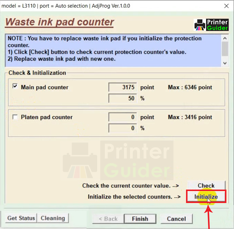 Click on the Initialize Button to reset epson l3110