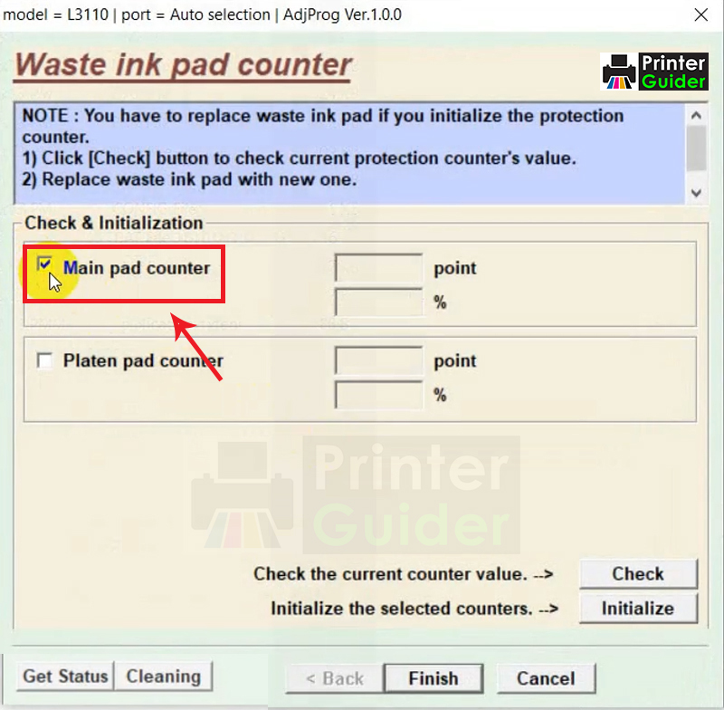 Select Main pad Counter to reset epson l3110