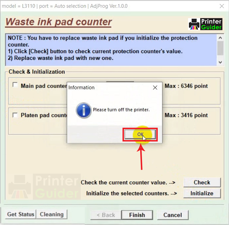 Turn off the printer, then click on the OK Button